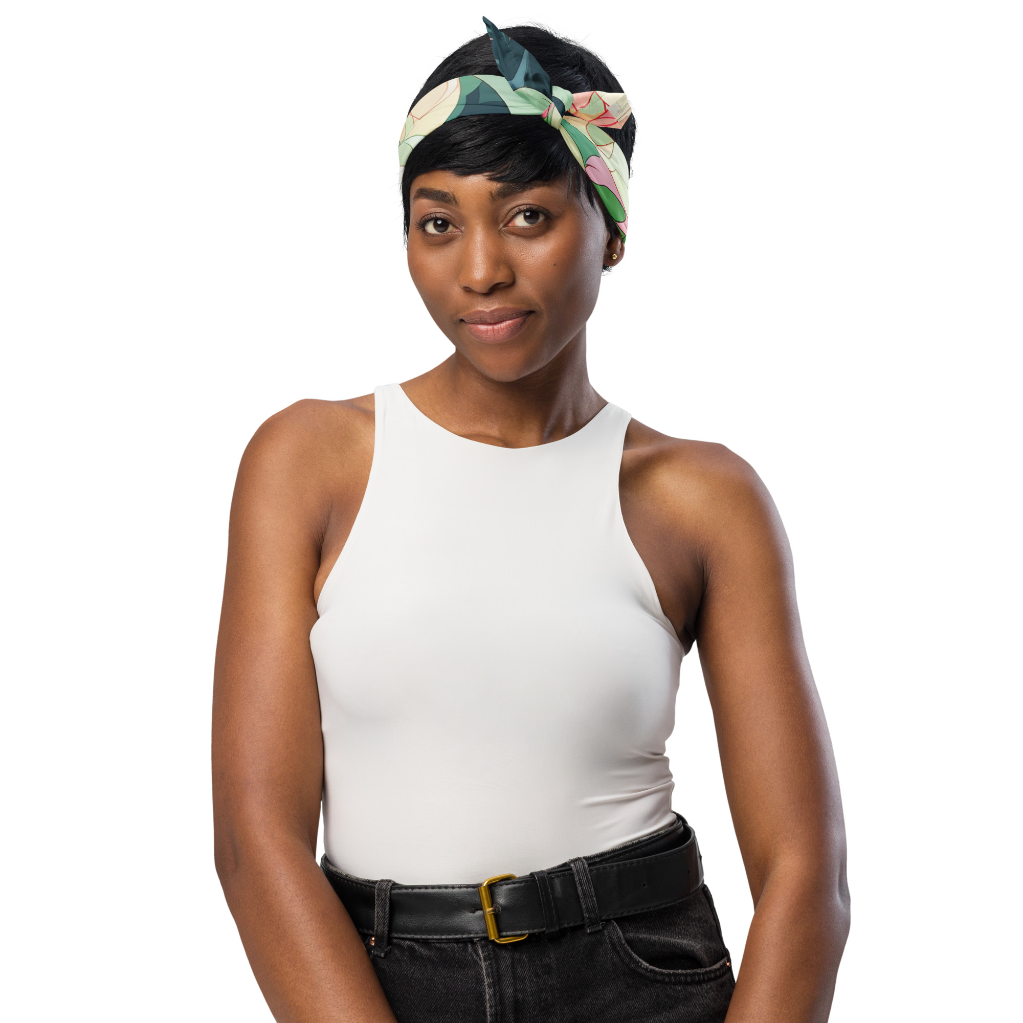 Woman gracefully posing with Studio Modlen multifunctional bandana