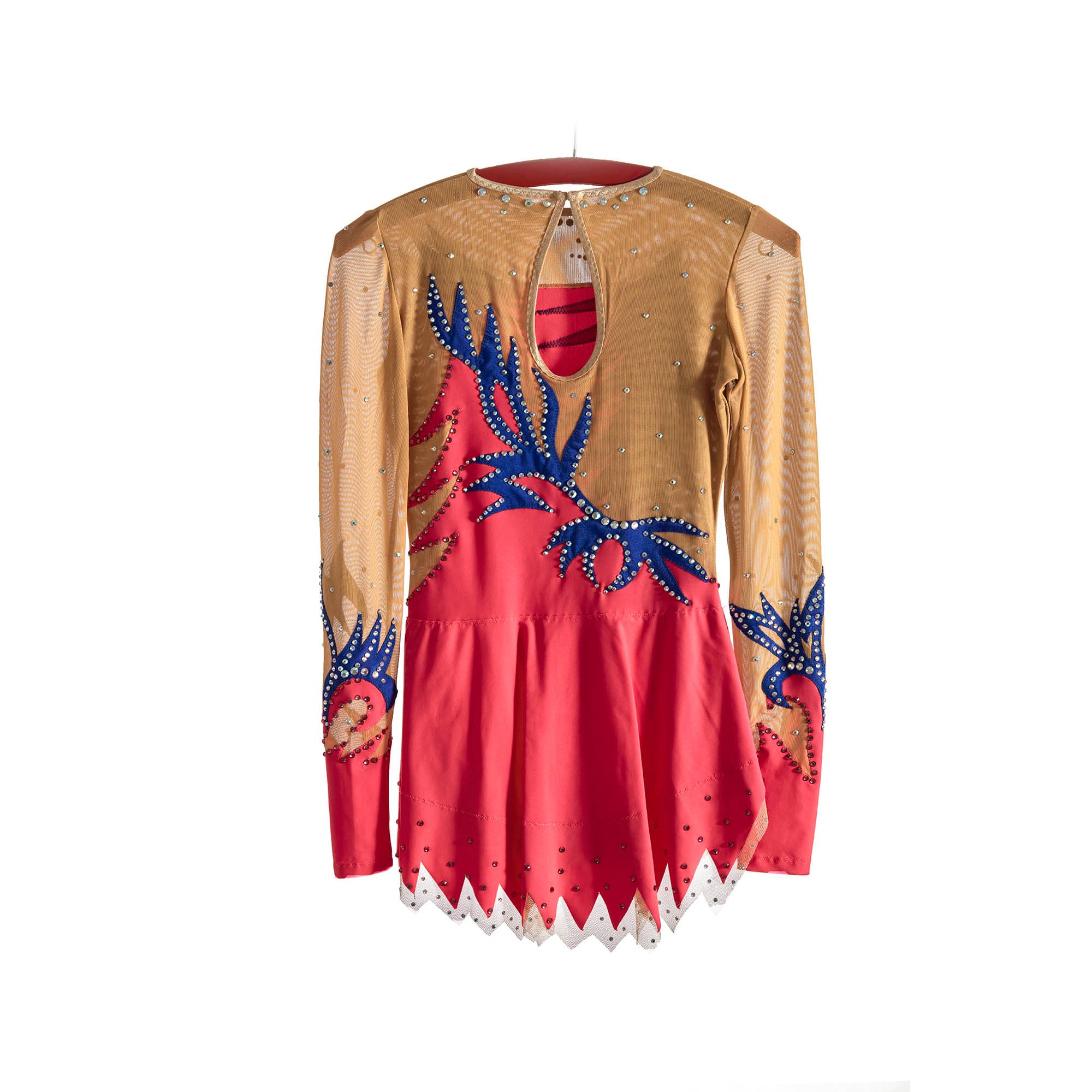 Back of Stock Coral & Blue Competition Leotard № 202 with two sleeves & collarless