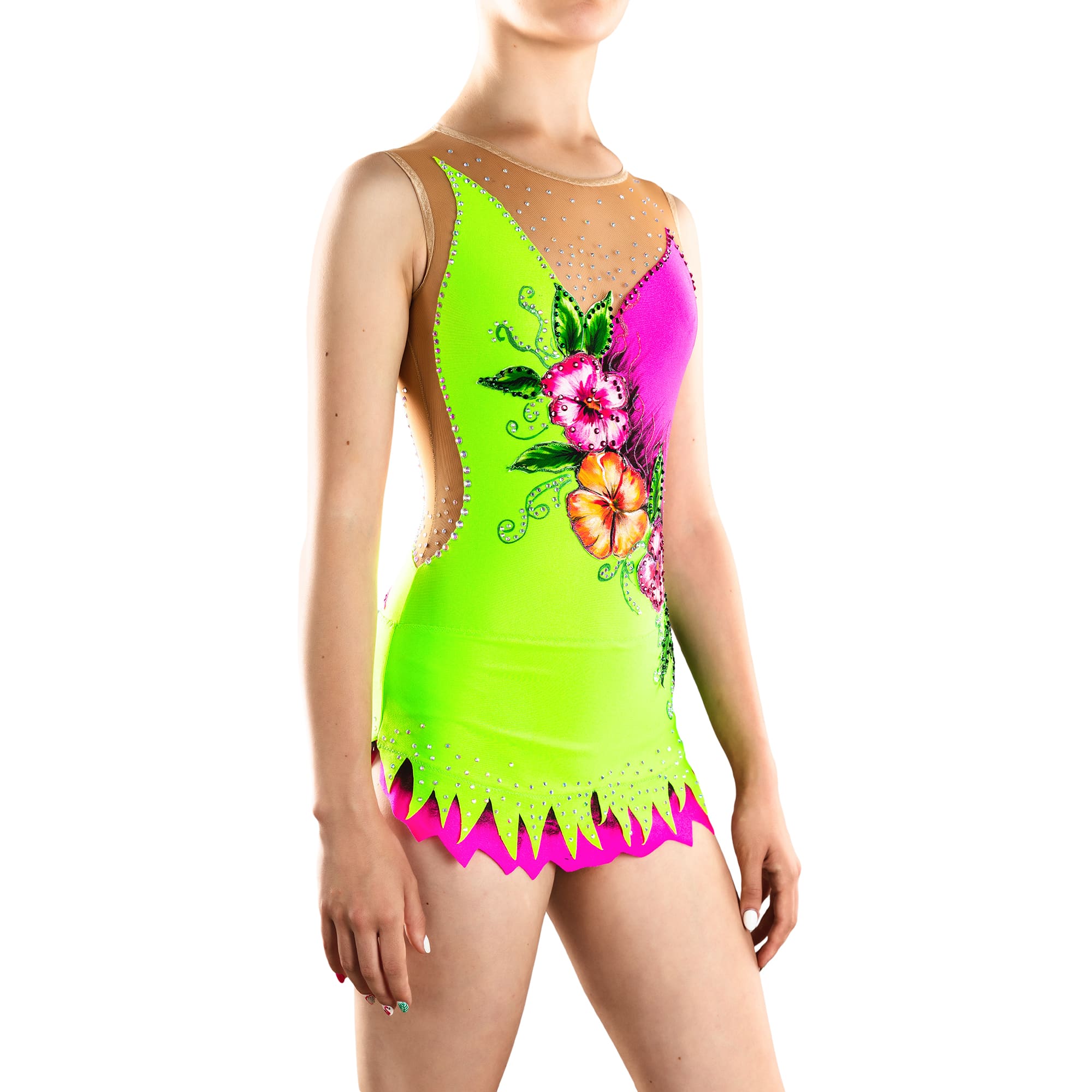 Front of Rhythmic Gymnastics Leotard № 206 made in lemon and magenta colours