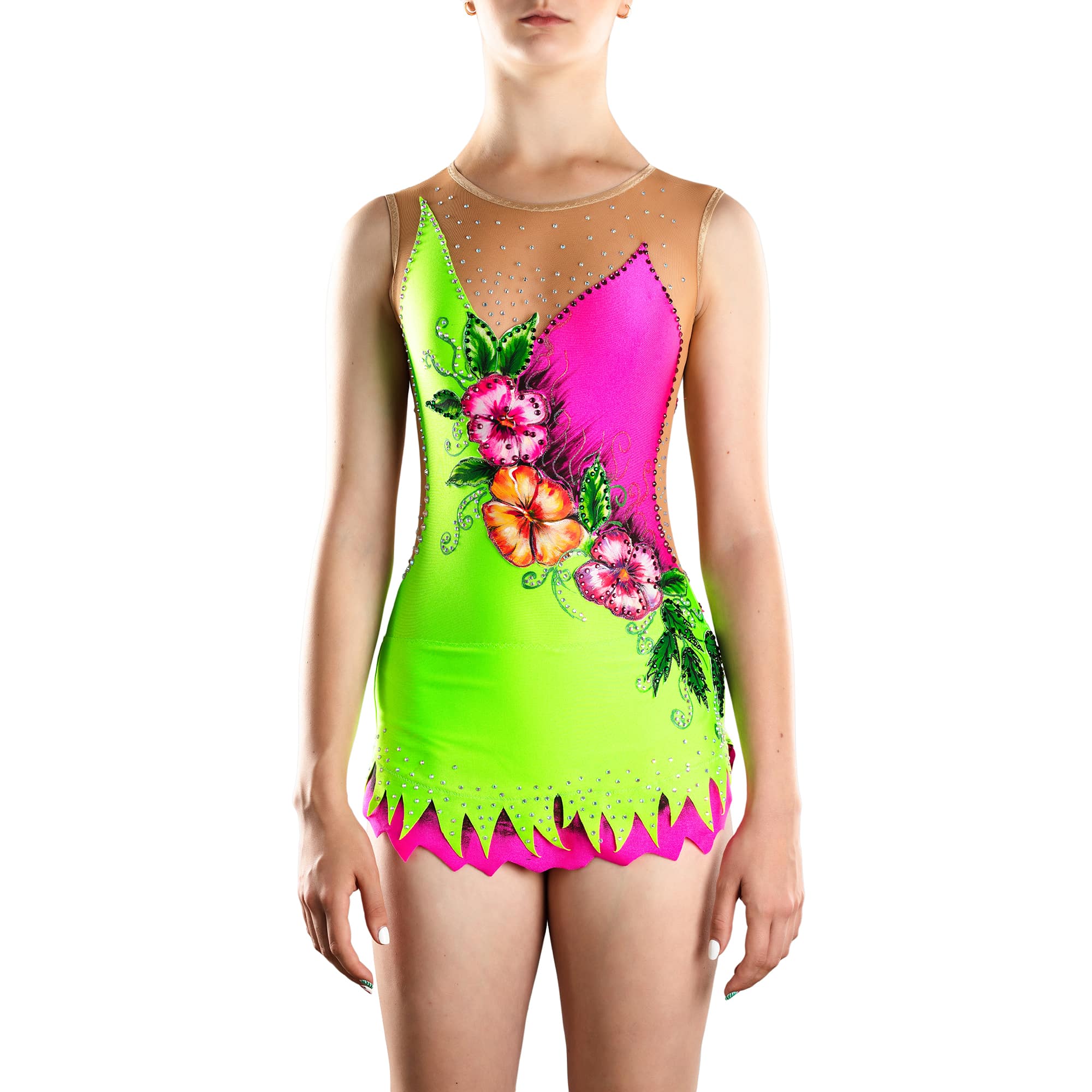 Front of Rhythmic Gymnastics Leotard № 206 made in lemon and magenta colours