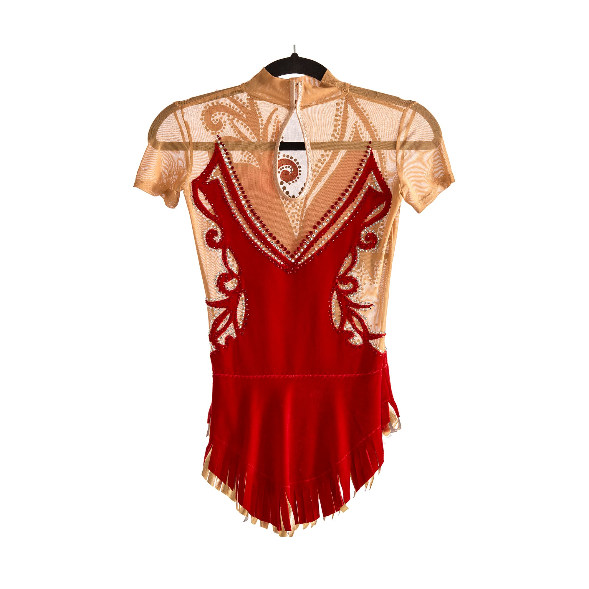 Back of Stock Red & Gold Competition Leotard № 220 with short cap sleeves & collar