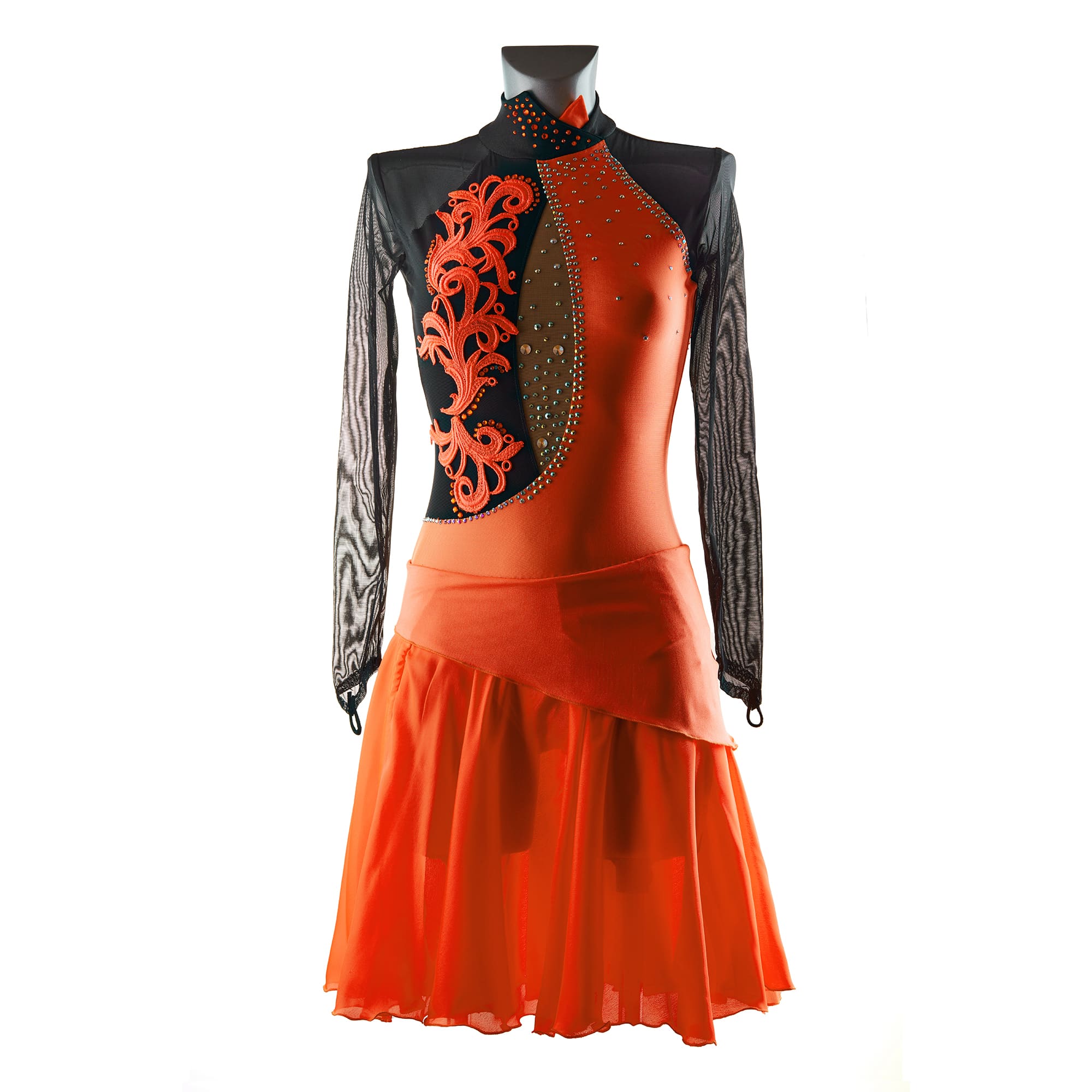 Coral-Orange and Black Ice Figure Skating Leotard № 292 with long skirt and two sleeves