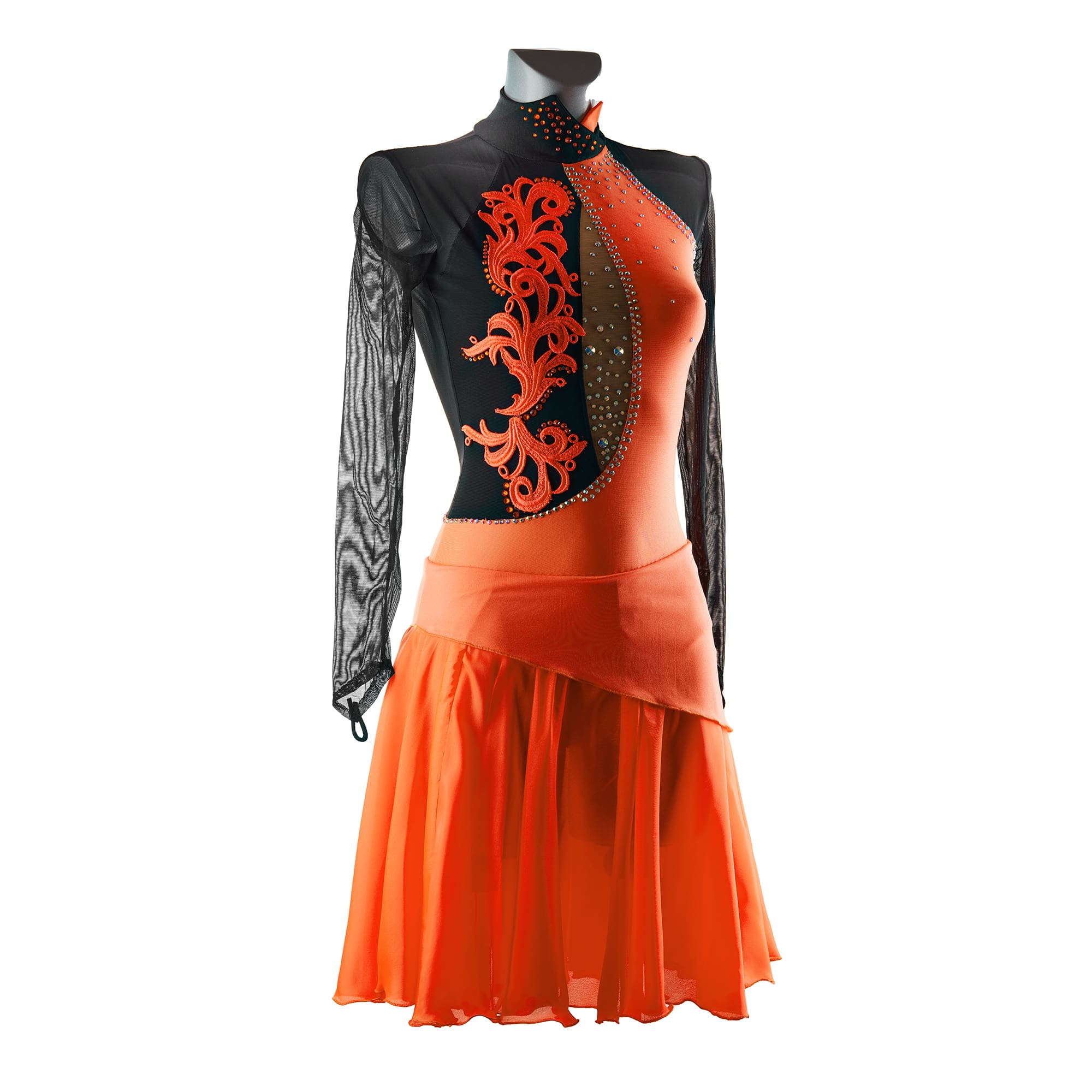 Coral-Orange and Black Ice Figure Skating Leotard № 292 with long skirt and two sleeves
