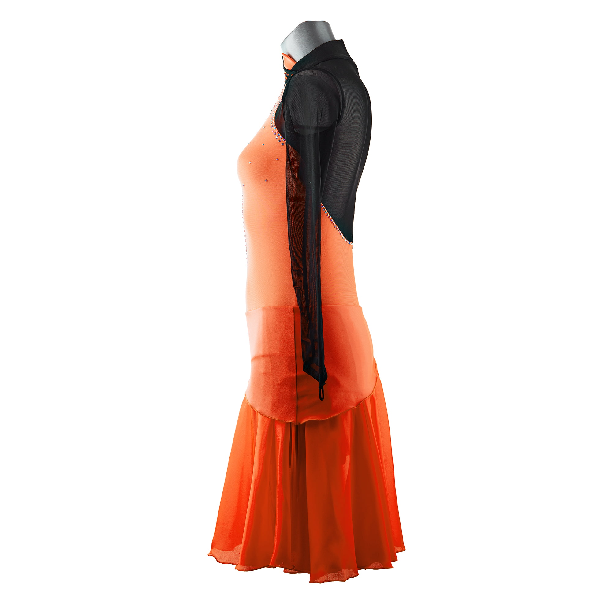 Side of Coral-Orange and Black Ice Figure Skating Leotard № 292 with long skirt and two sleeves