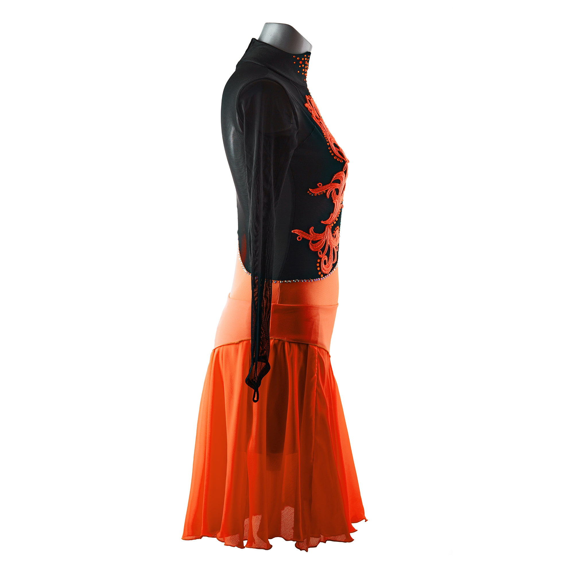 Side of Coral-Orange and Black Ice Figure Skating Leotard № 292 with long skirt and two sleeves