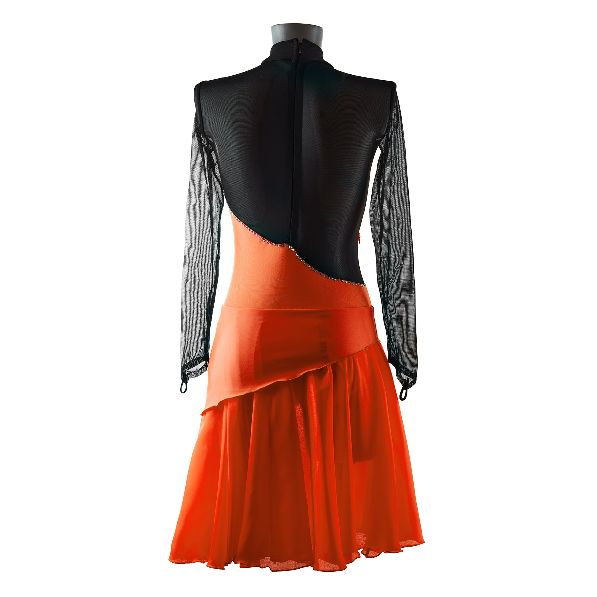 Backside of Coral-Orange and Black Ice Figure Skating Leotard № 292 with long skirt and two sleeves