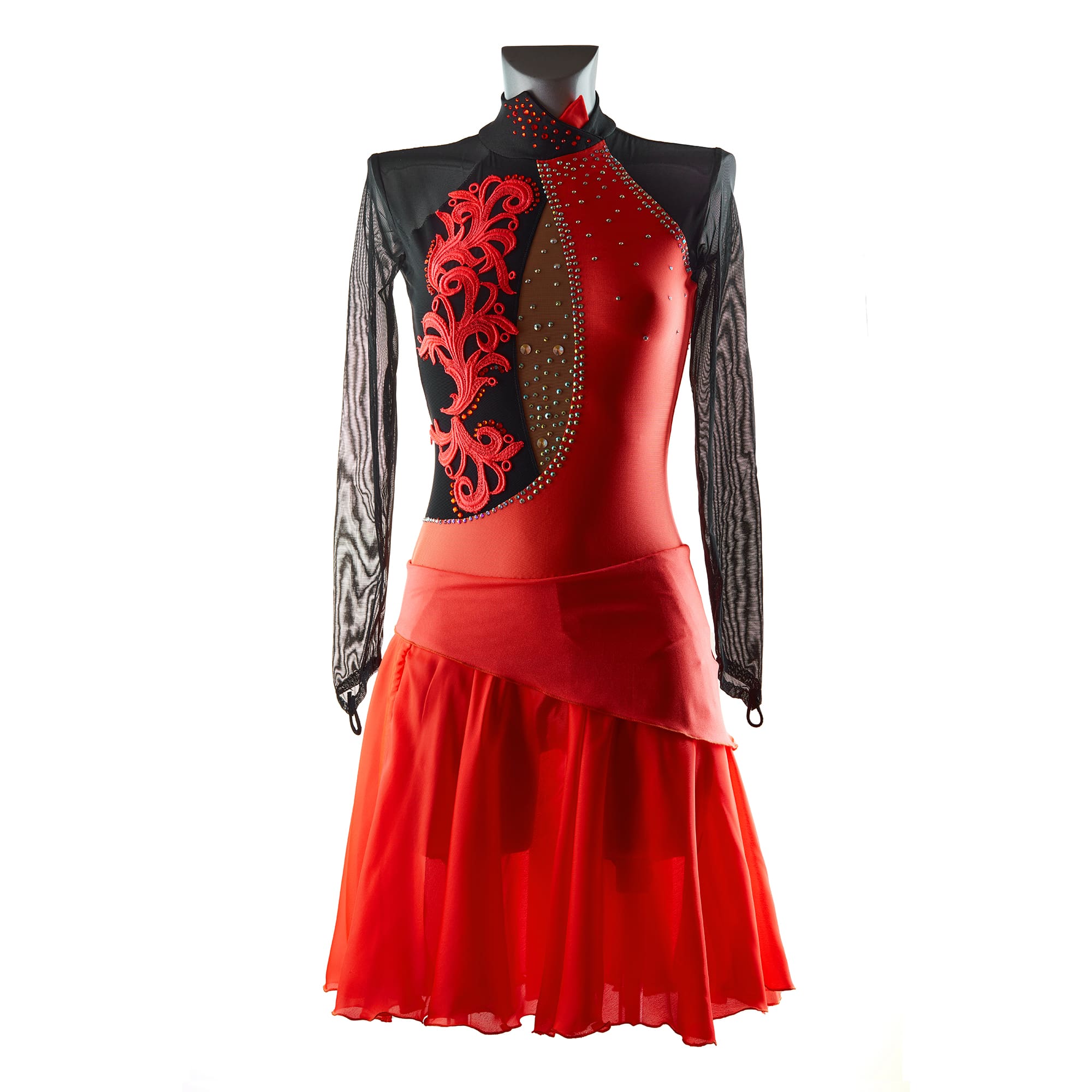 Red and Black Ice Figure Skating Leotard № 292 with long skirt and two sleeves