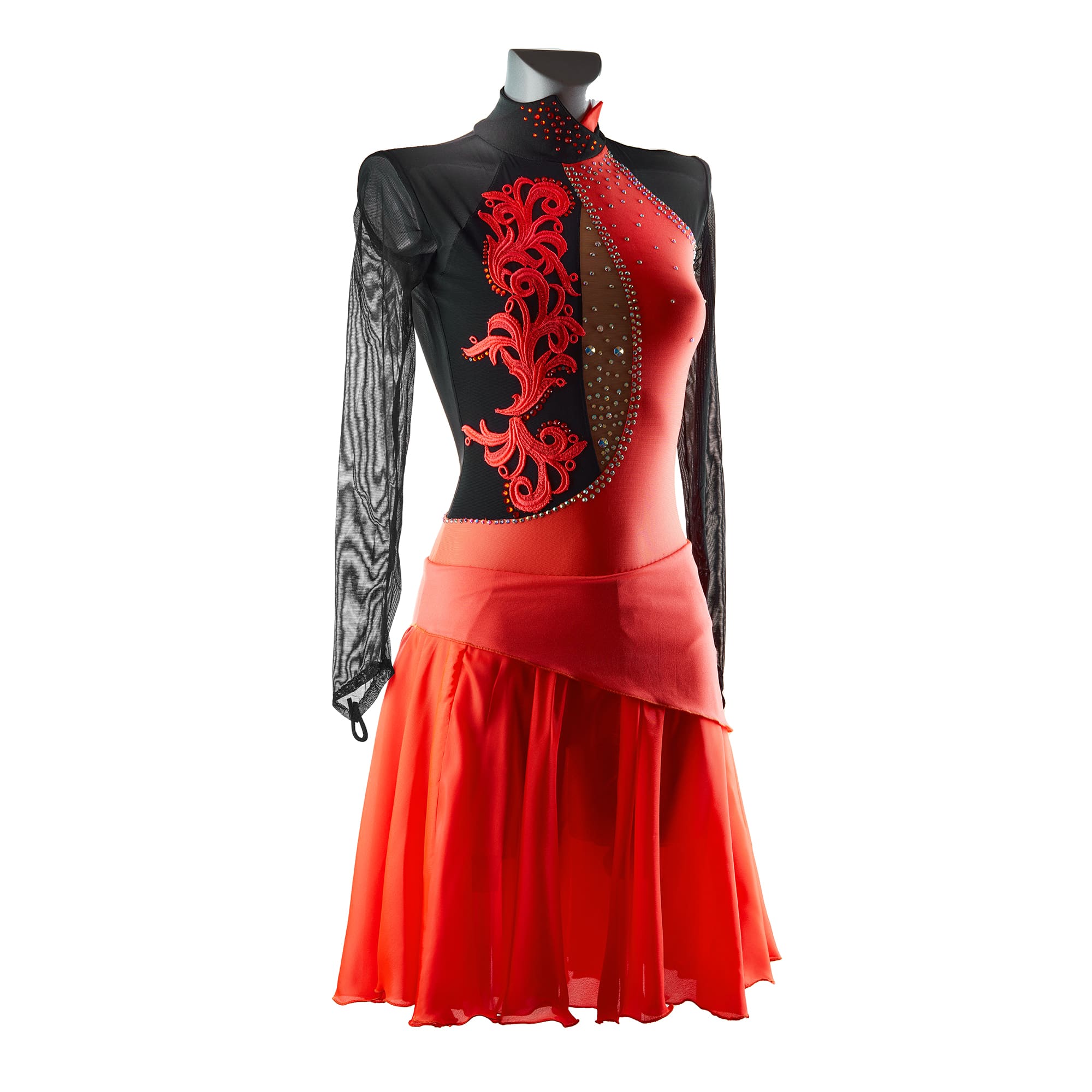 Red and Black Ice Figure Skating Leotard № 292 with long skirt and two sleeves