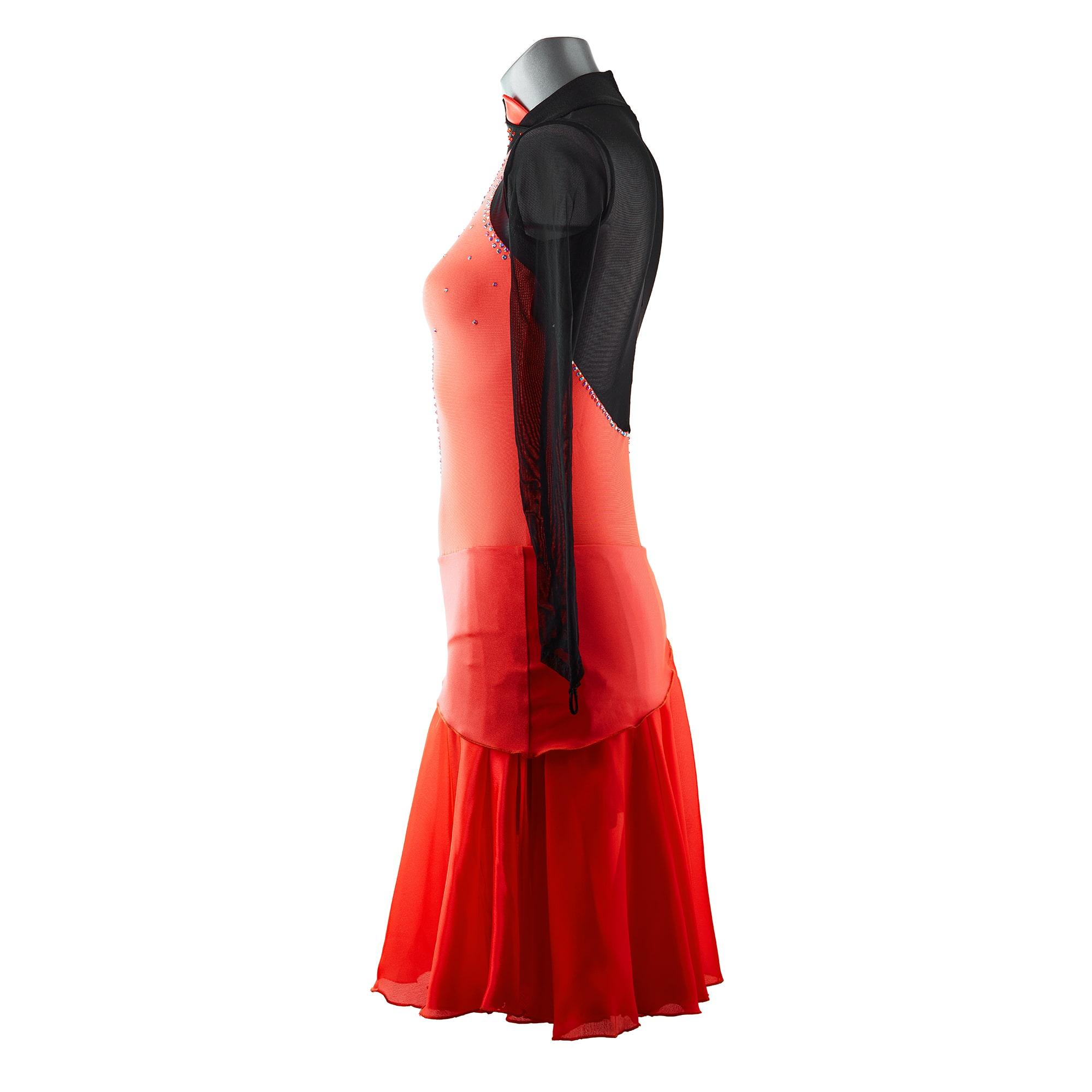 Side of Red and Black Ice Figure Skating Leotard № 292 with long skirt and two sleeves