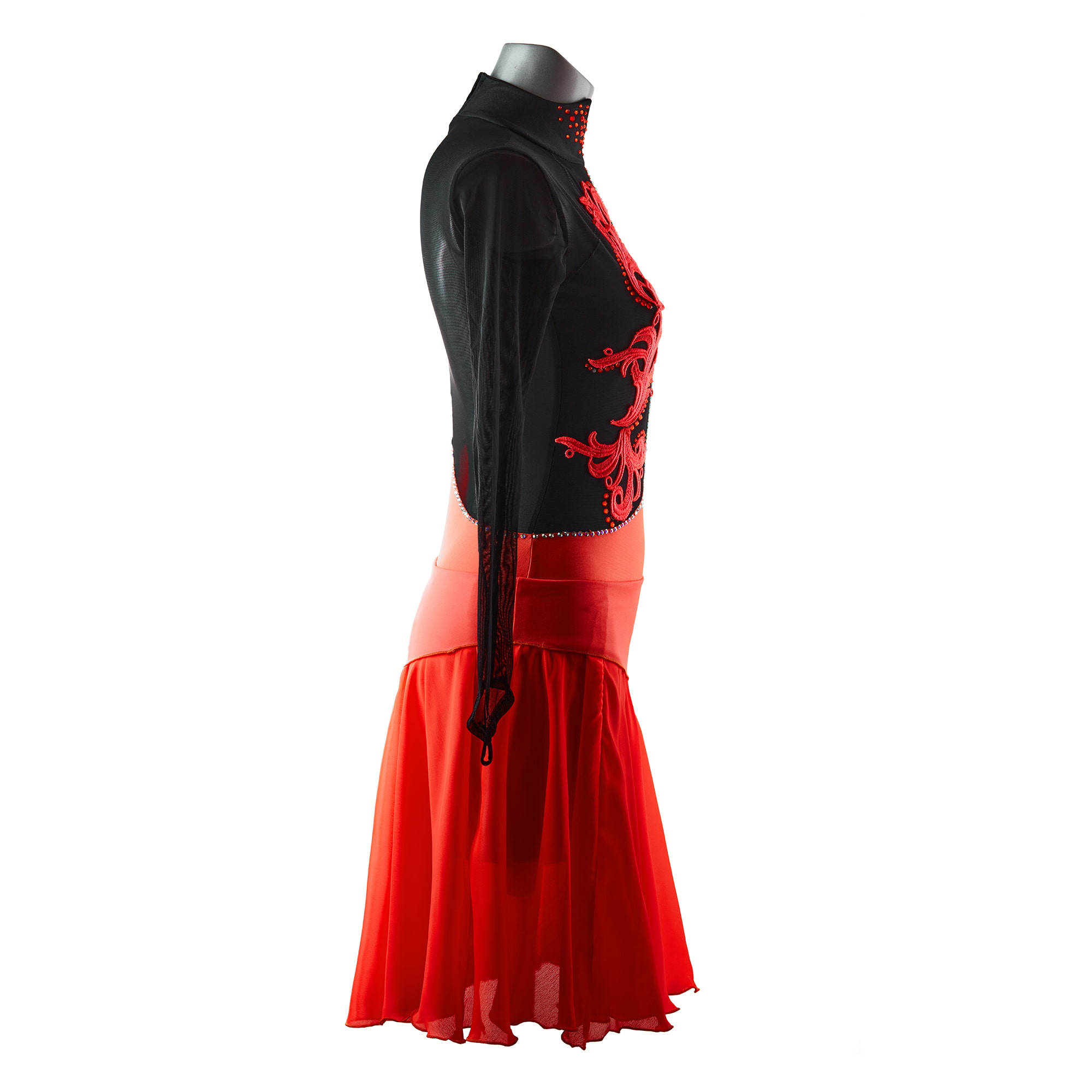 Side of Red and Black Ice Figure Skating Leotard № 292 with long skirt and two sleeves