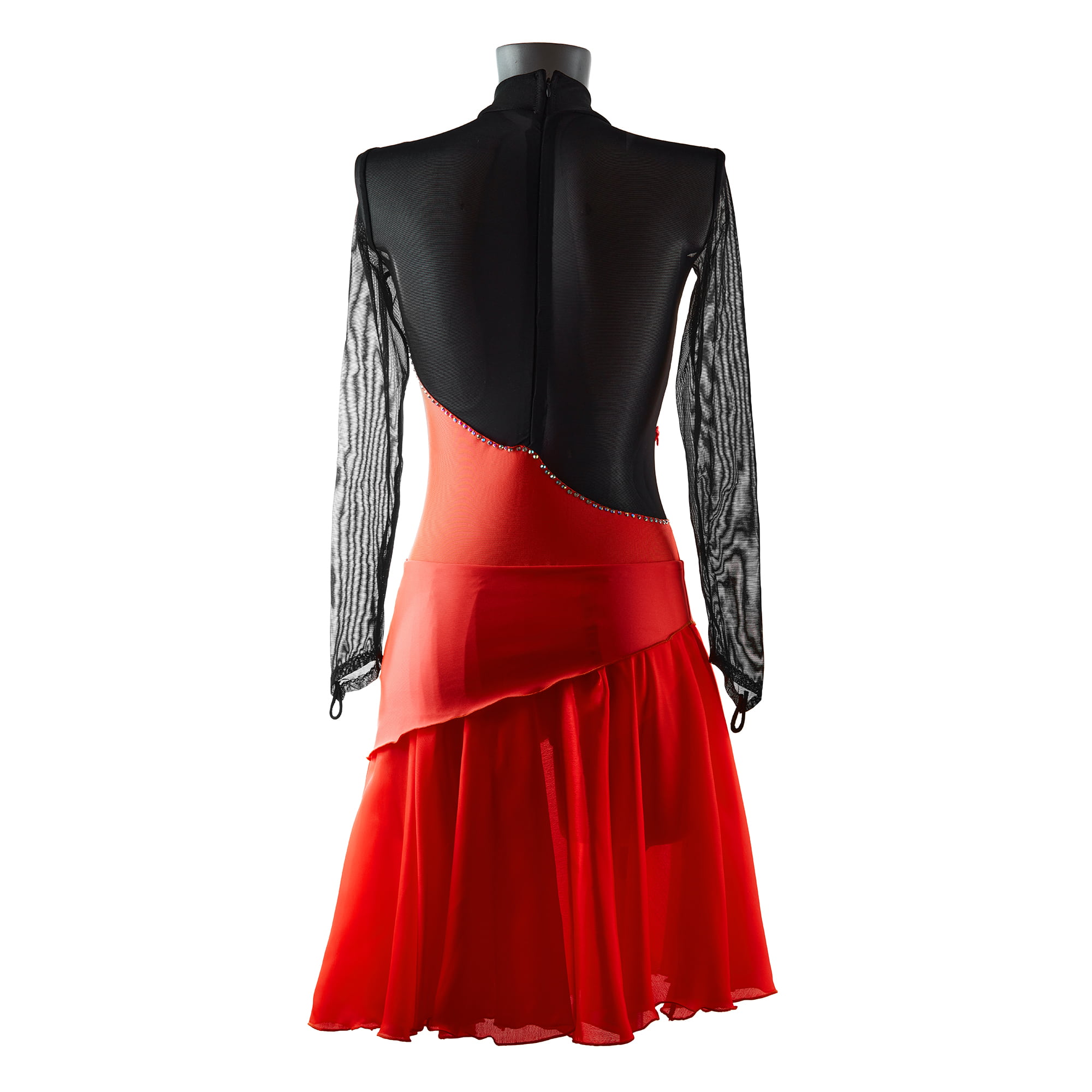 Backside of Red and Black Ice Figure Skating Leotard № 292 with long skirt and two sleeves