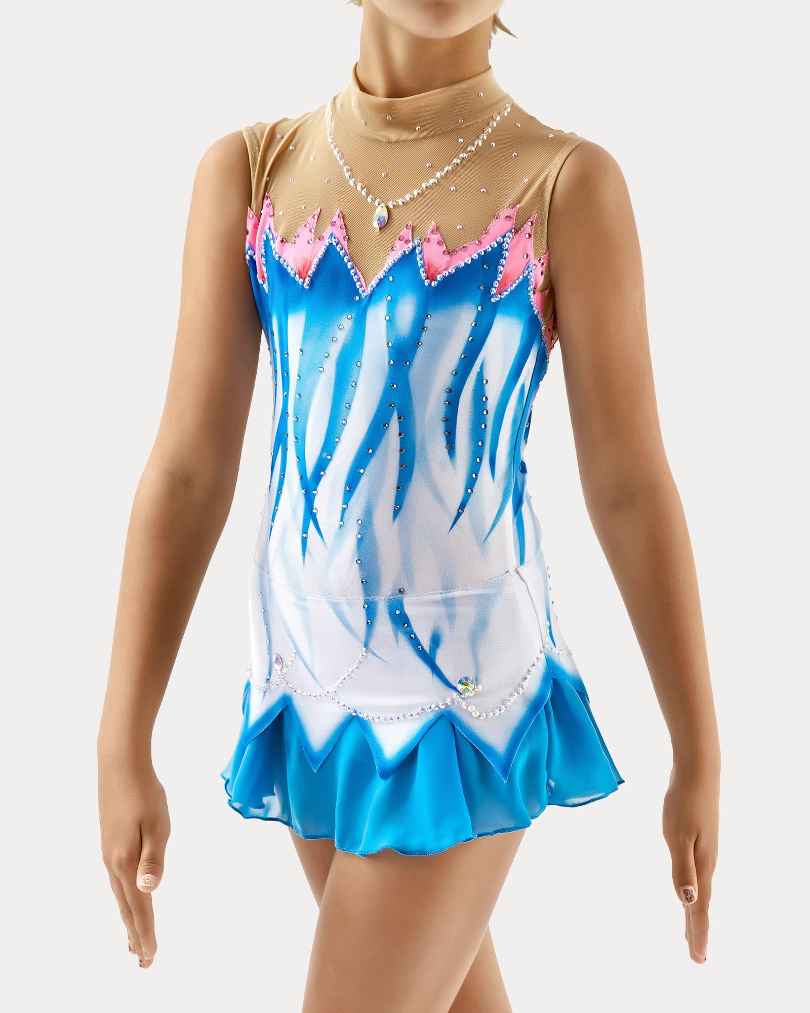 Front view of blue and white rhythmic gymnastics competition leotard with crystal details and sheer mesh upper