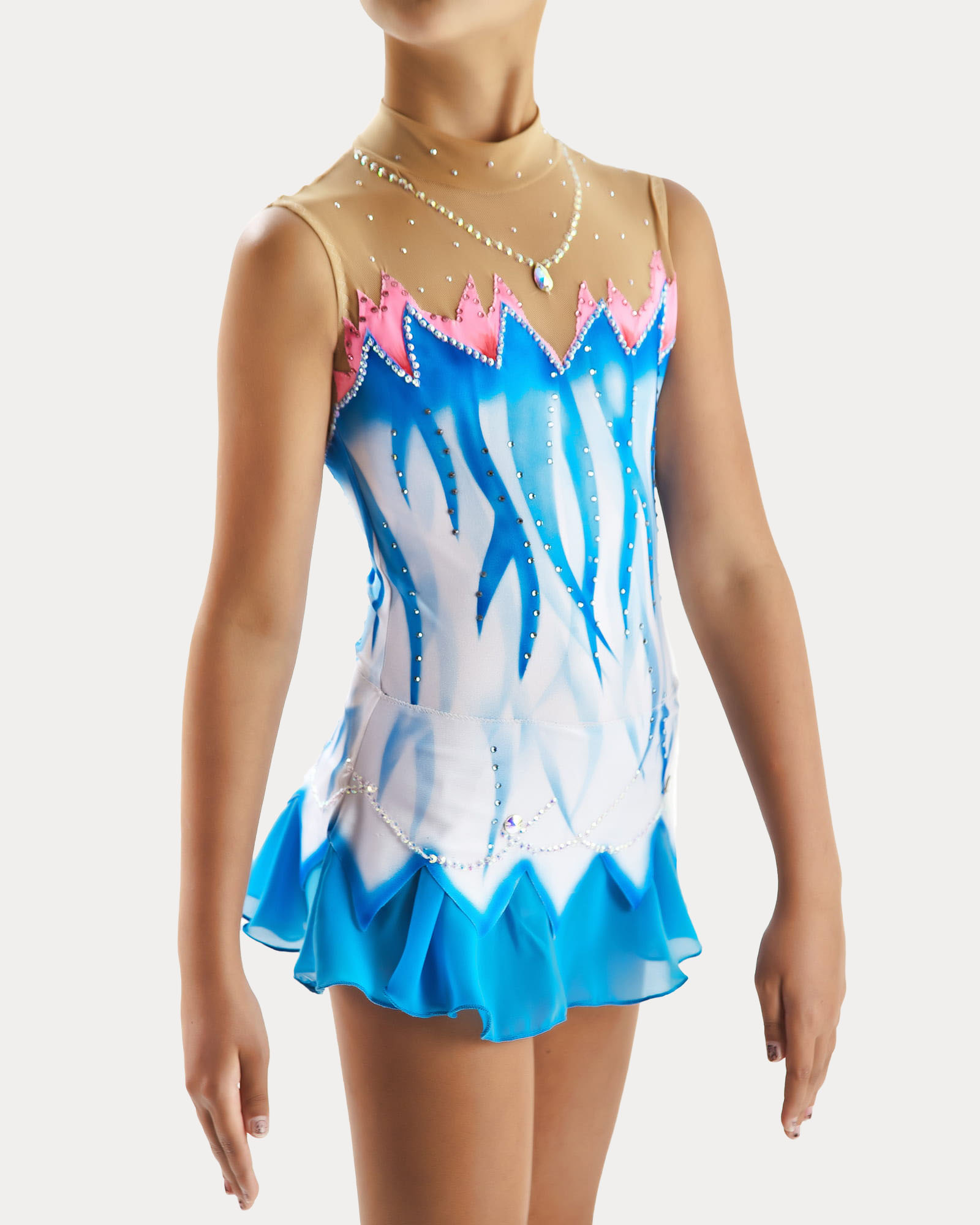 Front view of blue and white rhythmic gymnastics competition leotard with crystal details and sheer mesh upper