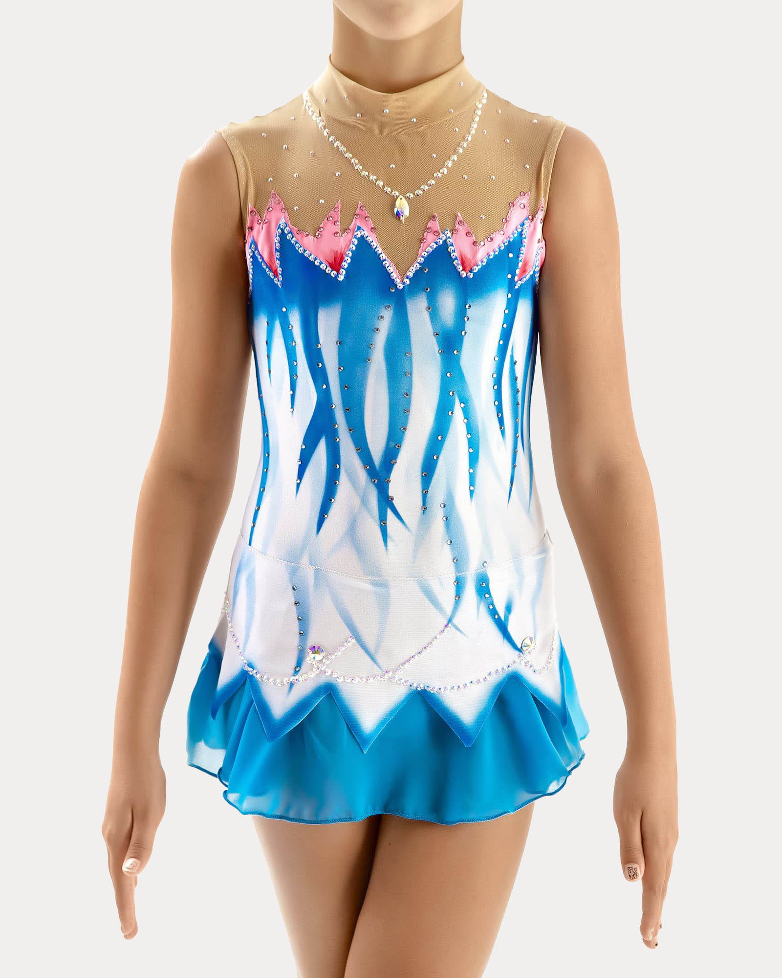 Front view of blue and white rhythmic gymnastics competition leotard with crystal details and sheer mesh upper