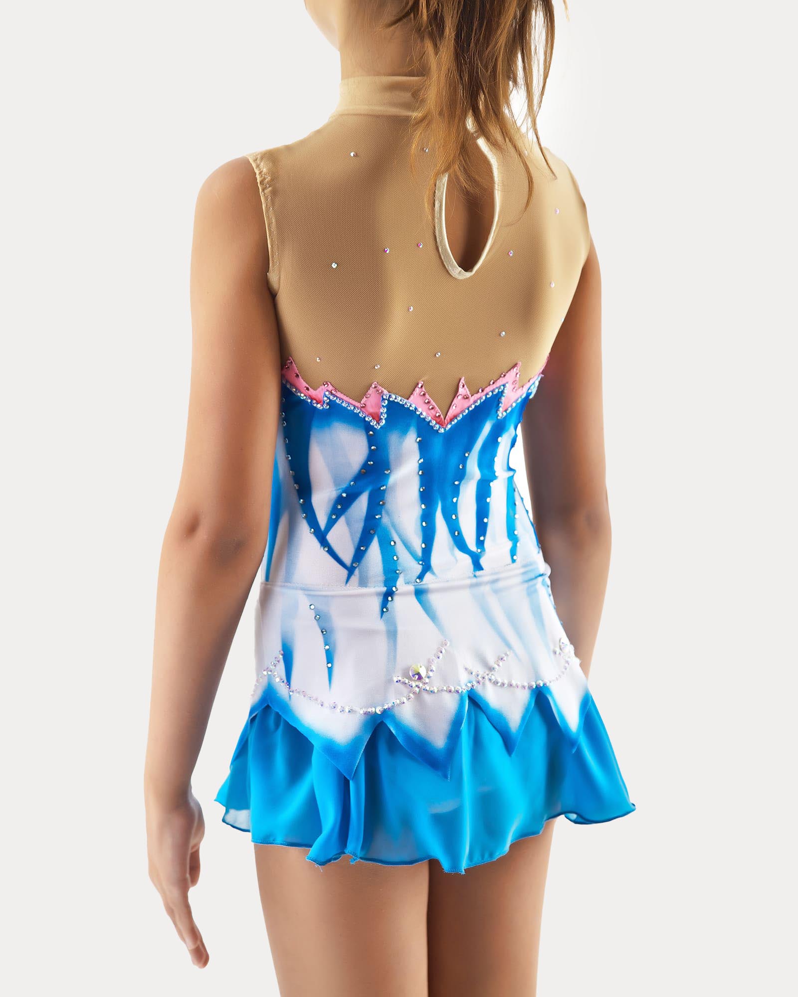 Back view of blue gradient competition leotard with mesh back panel and crystal embellishments