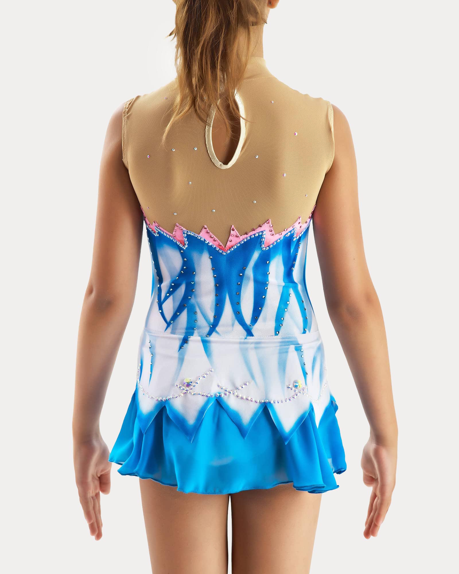 Back view of blue gradient competition leotard with mesh back panel and crystal embellishments