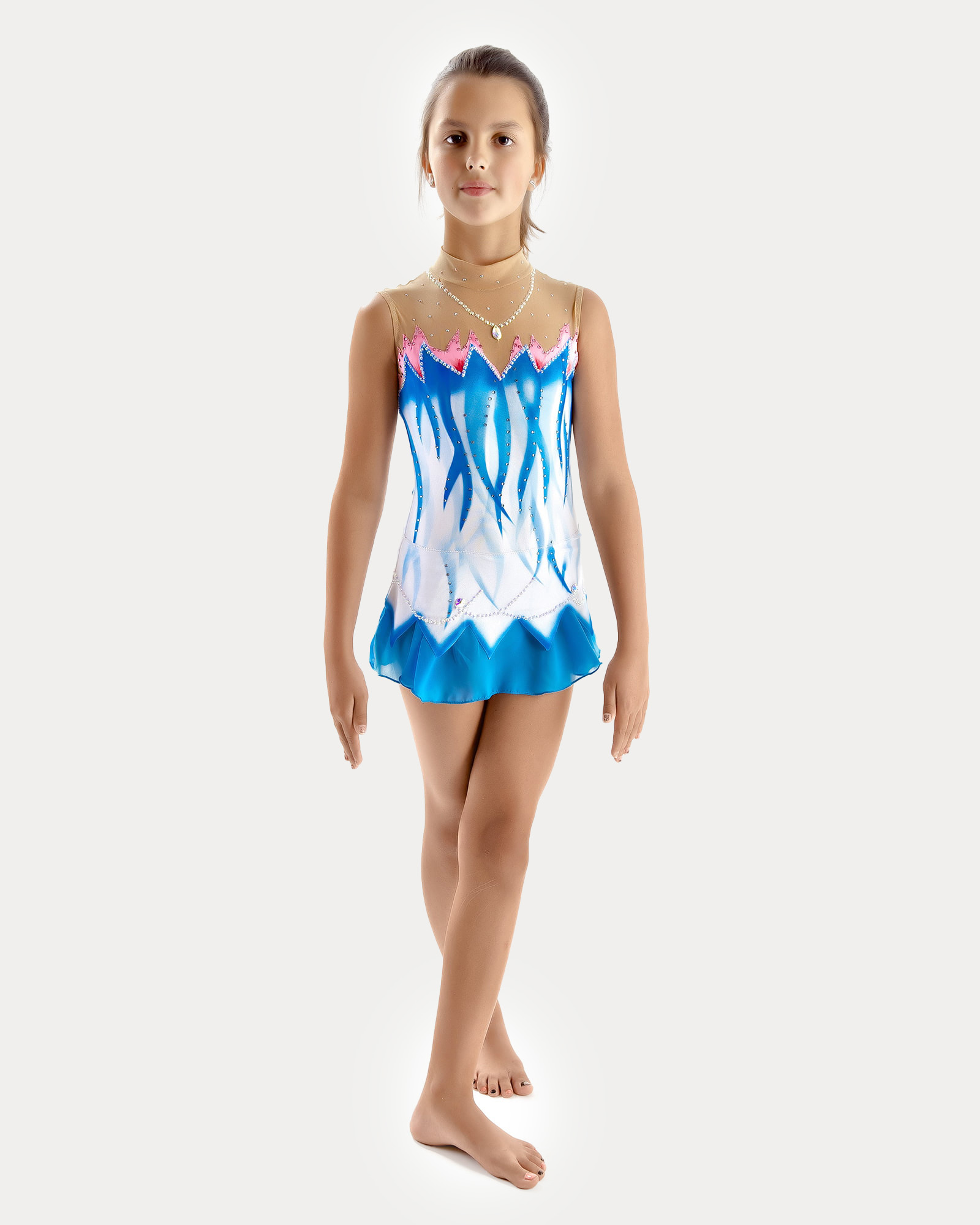 Front view of blue and white rhythmic gymnastics competition leotard with crystal details and sheer mesh upper