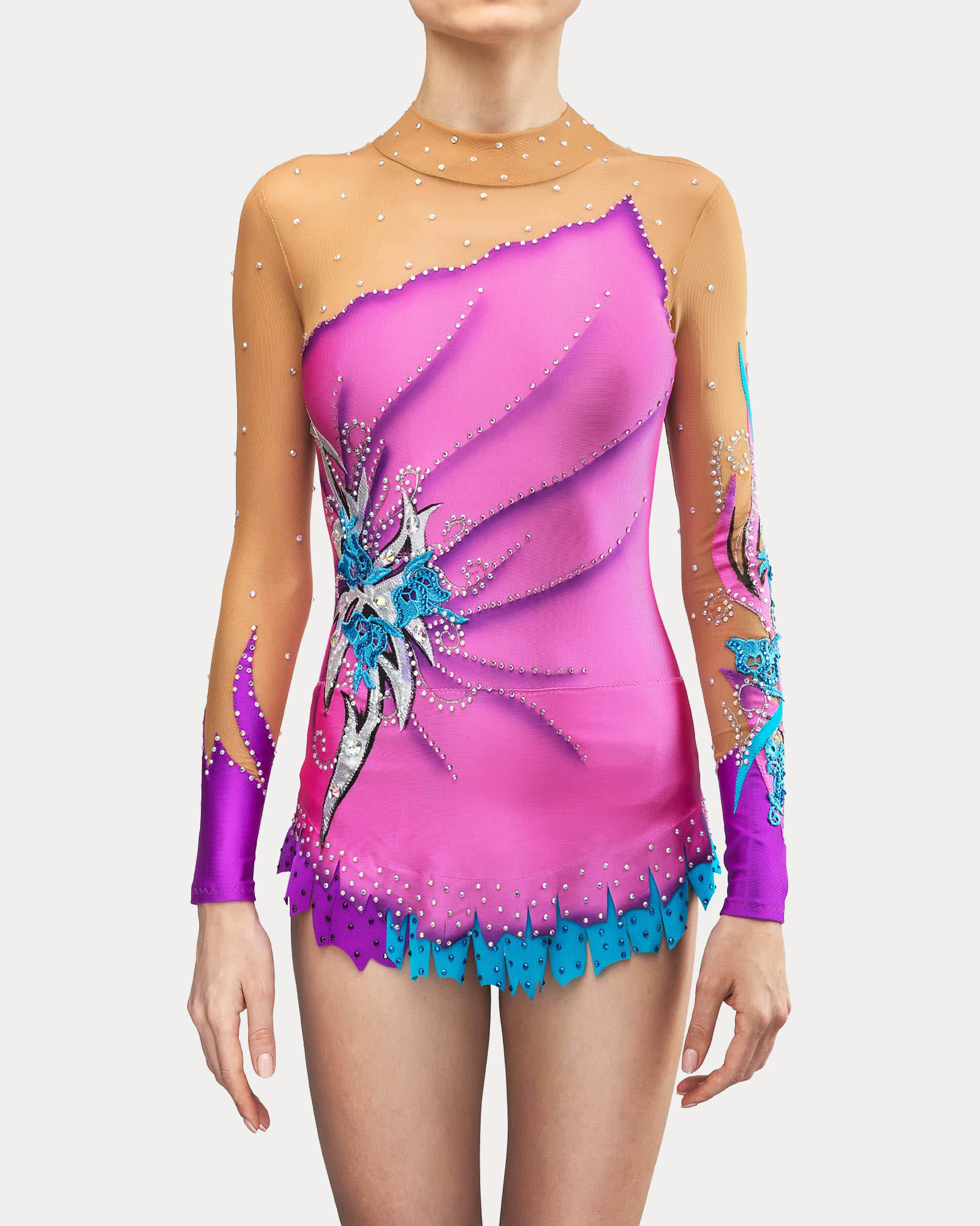 Front view of pink and turquoise rhythmic gymnastics competition leotard with nude mesh and crystal decoration