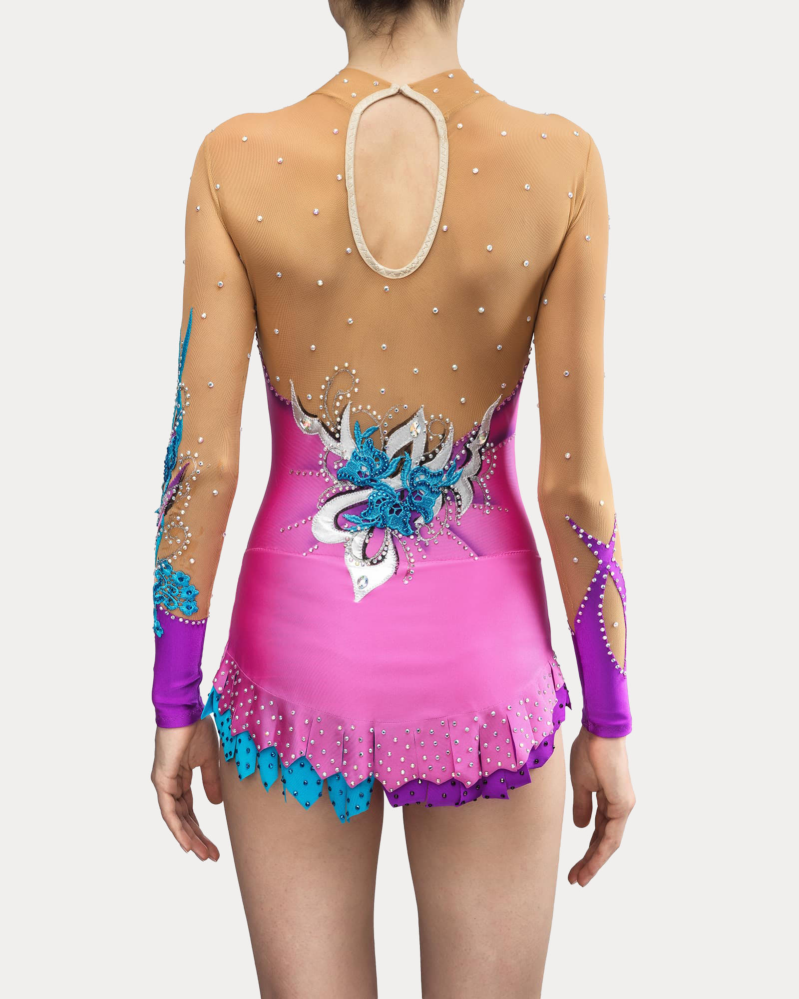 Back view of professional rhythmic gymnastics competition leotard with open back and floral appliqué