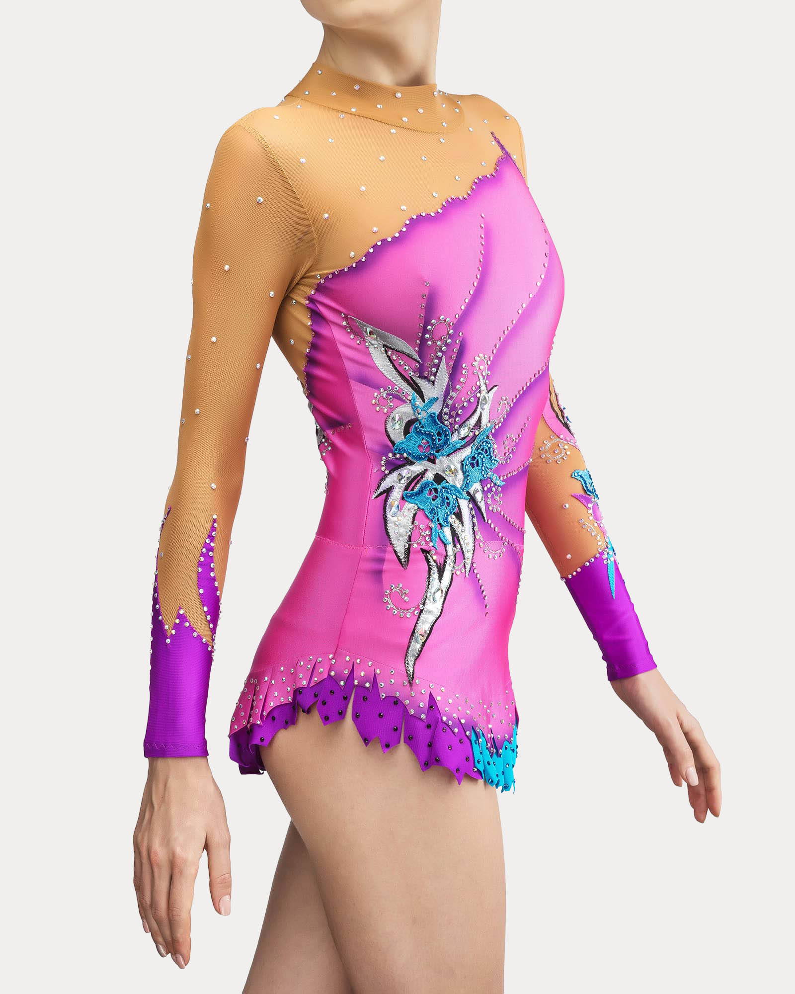 Front view of pink and turquoise rhythmic gymnastics competition leotard with nude mesh and crystal decoration